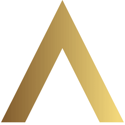Un triángulo estilizado con degradado dorado o forma de "A", inspirado en el Kit por defecto, se destaca sobre un elegante fondo negro.